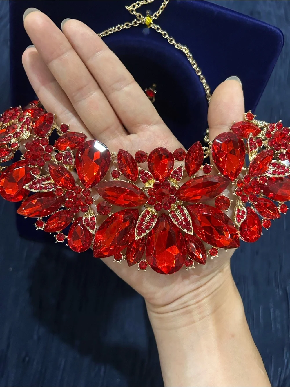 Elegant Red Crystal Floral Statement Necklace & Earrings Set